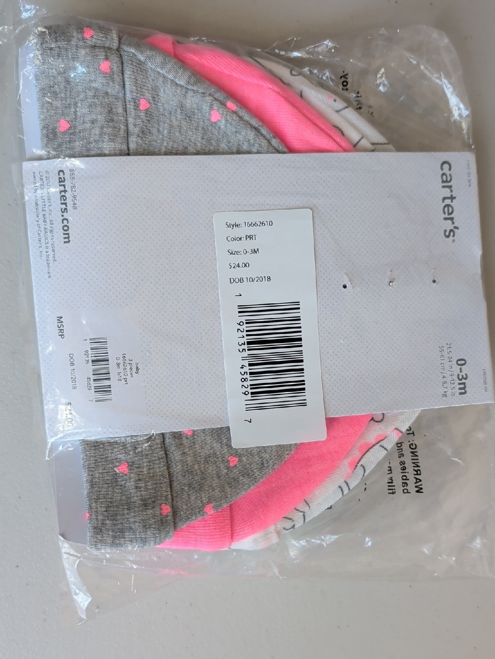 Carter's 3-Pack Baby Beanies - Gray, Neon Pink, White